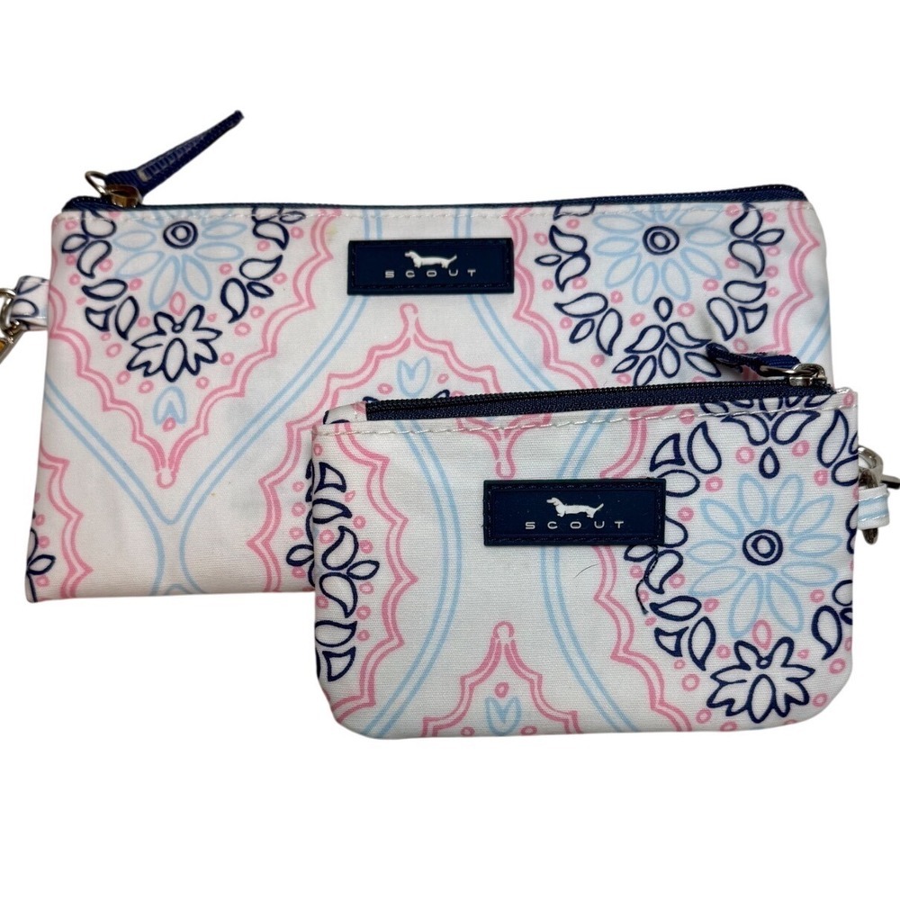 Scout Bags Pink Blue Medallion Wristlet Pouch and ID Case Wallet Set 2pc